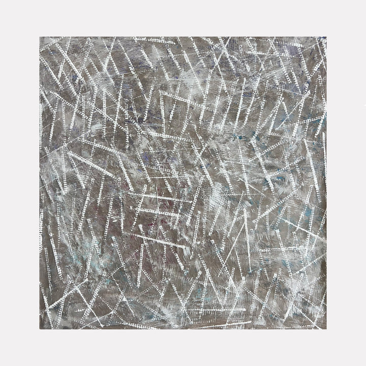 The artwork "Next Move 6" features an abstract composition of crisscrossing white linear patterns over a textured gray and muted blue acrylic canvas, creating dynamic movement and depth. The medium includes acrylics over canvas with a height and width of 57 inches. Created by Albion Vu.