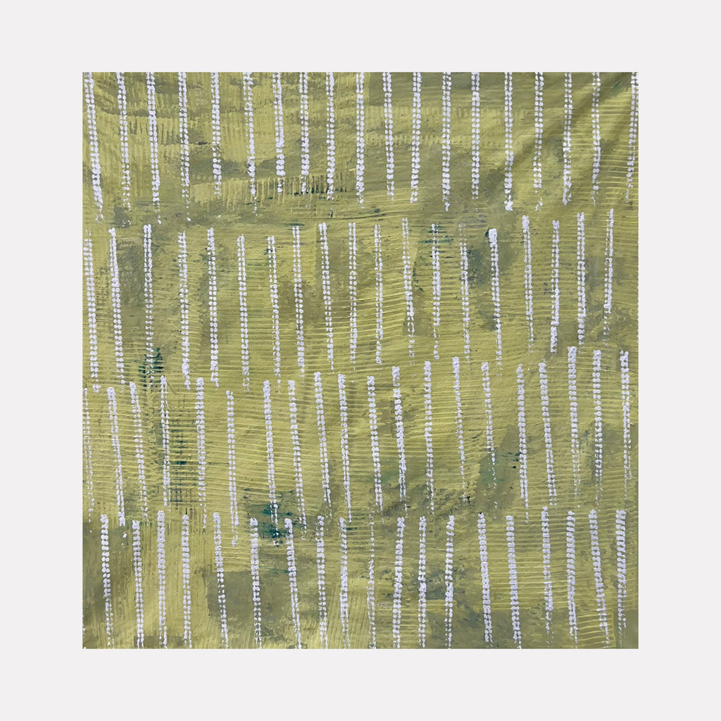 The artwork "Next Move 8" features an abstract design with vertical white dashed lines evenly spaced across a textured olive green and yellowish background, creating a rhythmic pattern with subtle variations in shading and brushstrokes. This modern piece highlights a minimalist style. Vendor: Albion Vu.