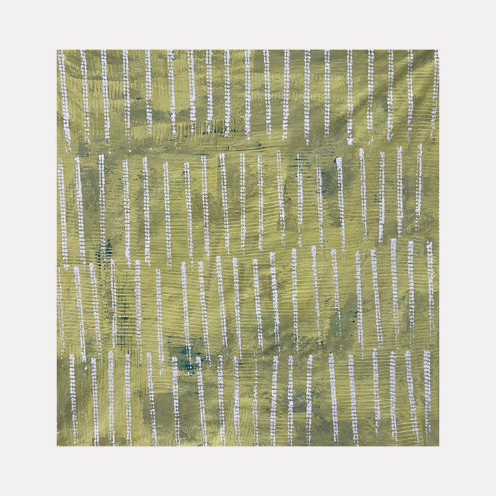 The artwork "Next Move 8" features an abstract design with vertical white dashed lines evenly spaced across a textured olive green and yellowish background, creating a rhythmic pattern with subtle variations in shading and brushstrokes. This modern piece highlights a minimalist style. Vendor: Albion Vu.