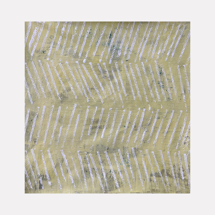 The artwork "Next Move 9" by Albion Vu features a textured abstract design with diagonal white lines arranged in a chevron pattern over a muted beige and green acrylic canvas background, creating a sense of movement and depth. The medium is acrylics over canvas, size 45 by 45 inches.