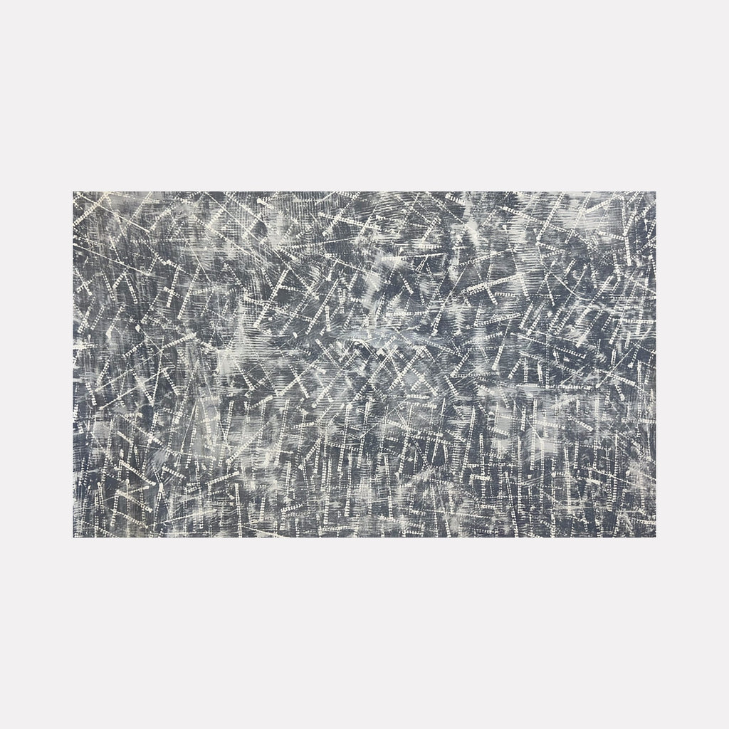 The artwork "Next Move 11" by Albion Vu features an abstract composition with layered gray tones interspersed with white linear scratches and textured marks. The densely layered, dynamic surface evokes an urban, industrial landscape, reminiscent of the textured abstractions by Gerhard Richter and the layered complexity found in the works of Cy Twombly.