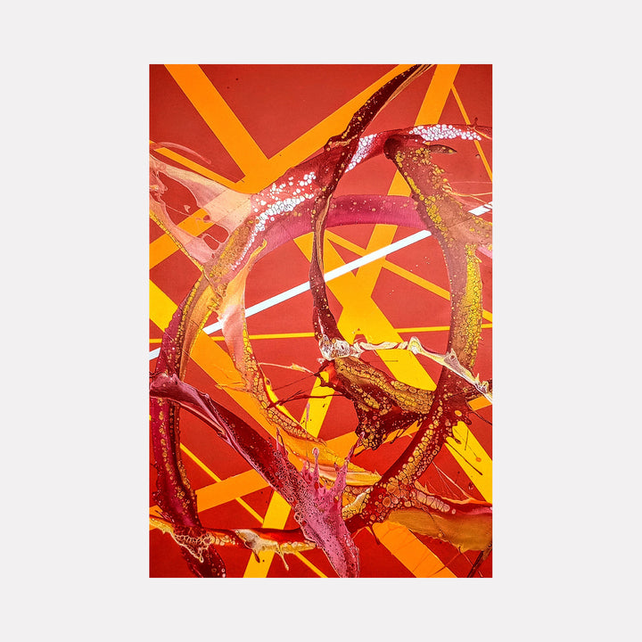 High Noon by Nicholas Franklin presents a vibrant composition of bold intersecting orange and red lines accented by swirling maroon and gold fluid forms, creating a lively interplay of color and movement that evokes the intense energy and warmth of a midday sun.