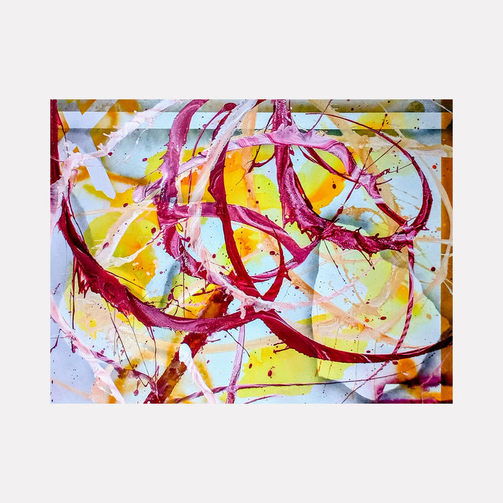 Spider Lilies by Nicholas Franklin features sweeping, vivid magenta curves layered over a bright, sunlit palette of yellows and soft blues, with delicate splashes of white and orange, creating an expressive and lively abstract scene that evokes natural energy and spontaneity.