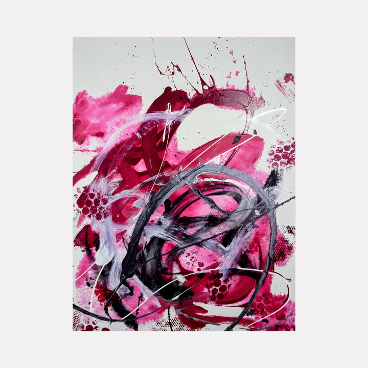 Entranced by Nicholas Franklin showcases an energetic swirl of deep reds, pinks, and black strokes layered with delicate white accents, creating a vivid abstract composition that conveys a sense of motion and emotional intensity in a contemporary artistic style.