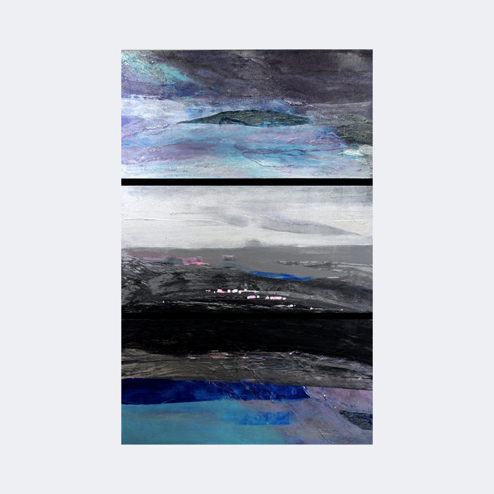 The artwork "Night Vision" by Carla Forrest features an abstract composition divided into three horizontal sections using layered textures and muted tones. The top section blends dark purples and blues with a cracked, weathered effect reminiscent of Gerhard Richter’s abstract landscapes. The middle section is softer with grays and minimal pink accents creating a misty, ethereal atmosphere. The lower section is dominated by deep blues and black, e
