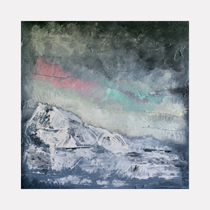 Northern Lights by Tammy Kushnir: Abstract mountain landscape with pink and turquoise aurora over snowy peaks in mixed media, textured finish