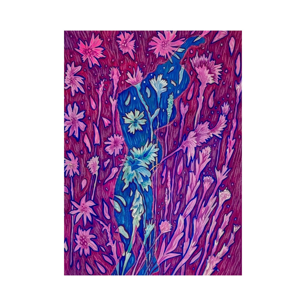 The artwork "Not A Toy" features an abstract composition with vibrant shades of pink, purple, and blue. The piece displays various floral shapes and organic forms layered with textured patterns that create depth and movement. The intricate design is both vivid and dynamic, emphasizing artistic expression. Laurie Shapiro.