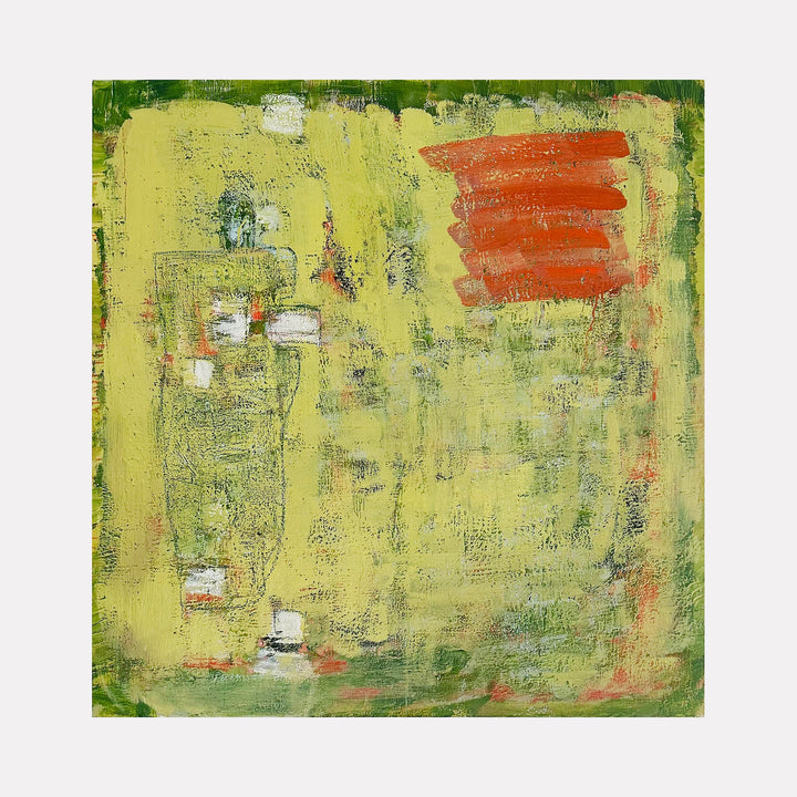 Nothing seems like it is by Petra Nimtz: Abstract oil painting with textured yellow-green background and bold orange strokes, geometric forms in white