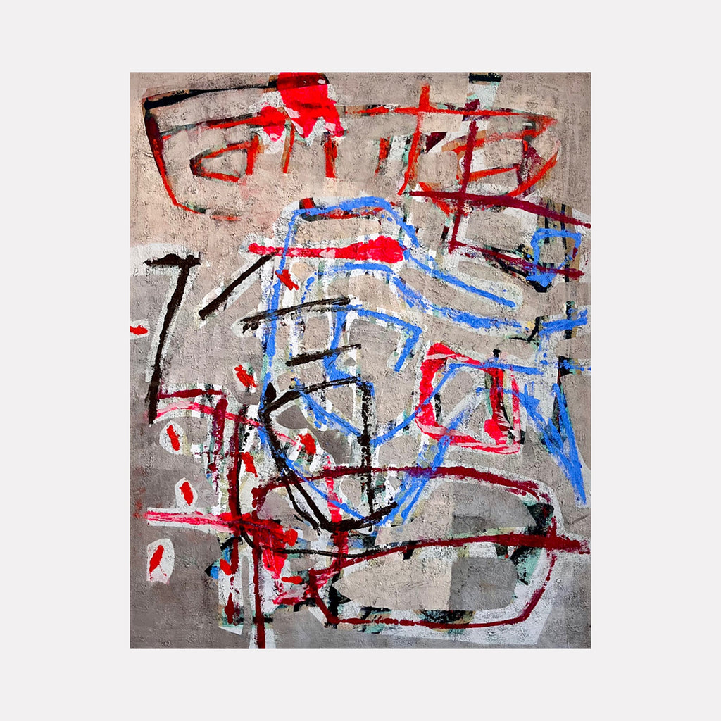The artwork "Now or Never Big Blue Fish" by John Goetz features abstract shapes and lines in bold red, electric blue, black, and muted gray tones. The composition showcases dynamic brushstrokes and raw textures reminiscent of Jean-Michel Basquiat and Cy Twombly, blending urban street art influences with expressive abstract expressionism.