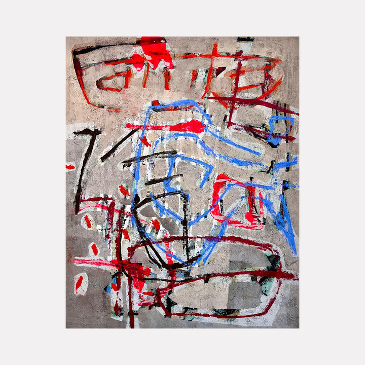 The artwork "Now or Never Big Blue Fish" by John Goetz features abstract shapes and lines in bold red, electric blue, black, and muted gray tones. The composition showcases dynamic brushstrokes and raw textures reminiscent of Jean-Michel Basquiat and Cy Twombly, blending urban street art influences with expressive abstract expressionism.