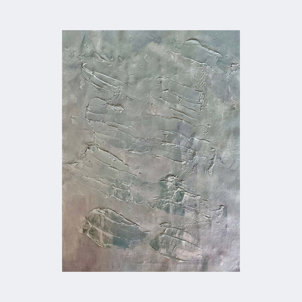 The artwork "Nuances of Depth 1" by Albion Vu features a textured abstract composition with layered, irregular shapes resembling sediment or geological formations. The muted palette of grays and subtle greens evokes a serene, contemplative mood. The style recalls the tactile surfaces of Antoni Tàpies and the understated expressionism of Mark Rothko.