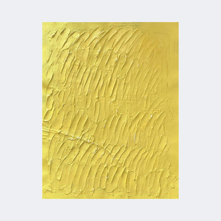 The artwork "Nuances of Depth 4" by Albion Vu features a monochromatic yellow textured surface with thick, sweeping brushstrokes creating a rhythmic pattern reminiscent of the impasto techniques used by artists like Vincent van Gogh. The composition evokes depth and movement through its tactile, layered application of paint, combining abstract expressionism with modern minimalism.
