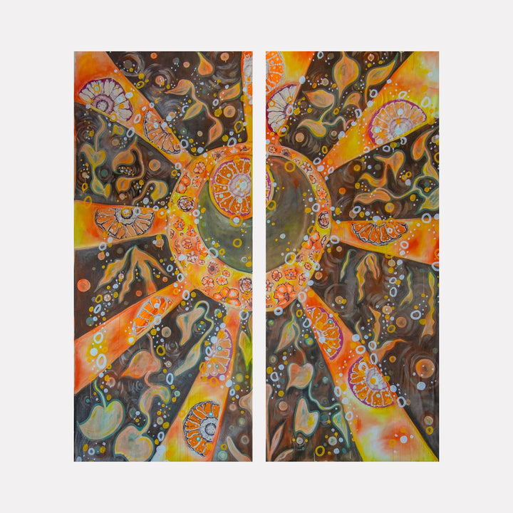 The artwork "OW 2" by Laurie Shapiro in gallery position 1 features a vibrant diptych with radiating sunburst forms in vivid orange and warm brown hues. Intricate patterns of organic, cellular shapes and delicate circular motifs create dynamic movement, reminiscent of the symbolic abstraction of Hilma af Klint and the energetic compositions of Yayoi Kusama.