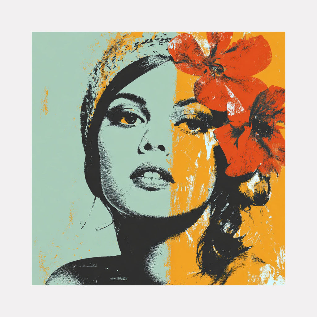 The artwork "Own Space" by Claudia Sauter in gallery position 1 captures a stylized female portrait split vertically by contrasting pastel teal and vibrant orange. Bold red floral elements adorn her hair, with textured brushstrokes and graphic contrasts echoing the pop art impact of Roy Lichtenstein and the emotive realism of Alex Katz.