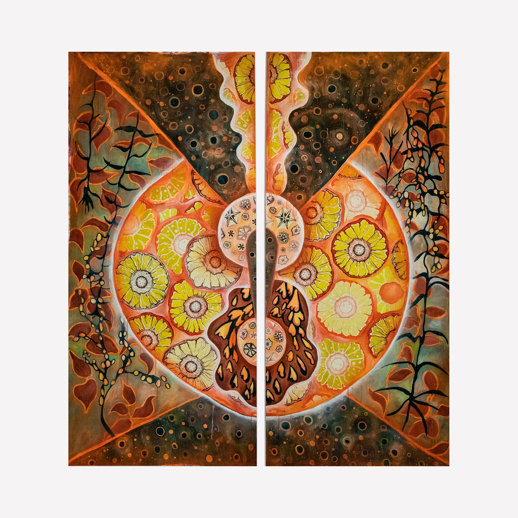 The artwork "OW 1" by Laurie Shapiro in gallery position 1 features an intricate diptych with warm orange and brown hues, detailed floral patterns, and organic shapes. The layered textures and flowing forms evoke the symbolic complexity of Hilma af Klint and the vibrant natural motifs found in the works of Georgia O’Keeffe.