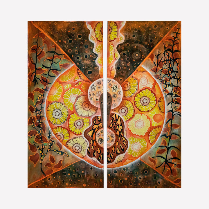 The artwork "OW 1" by Laurie Shapiro in gallery position 1 features an intricate diptych with warm orange and brown hues, detailed floral patterns, and organic shapes. The layered textures and flowing forms evoke the symbolic complexity of Hilma af Klint and the vibrant natural motifs found in the works of Georgia O’Keeffe.