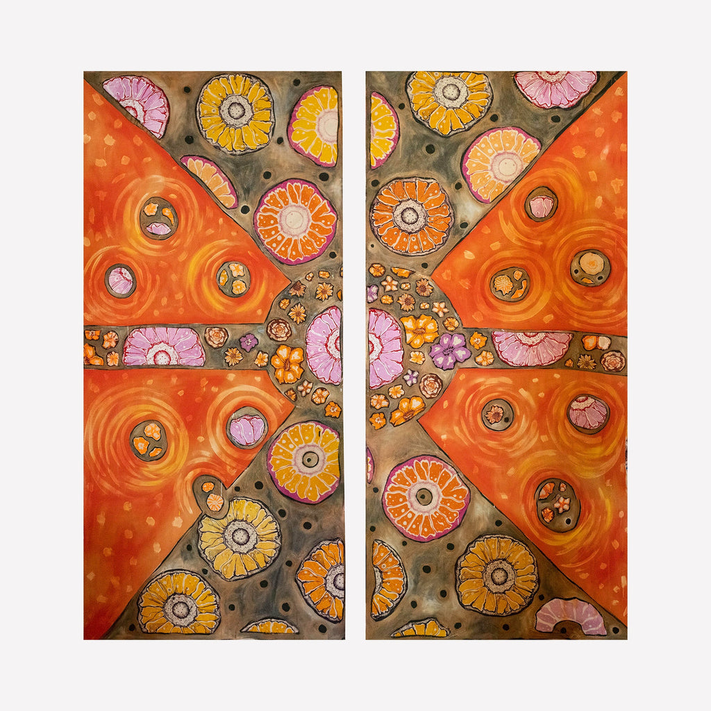 The artwork "OW 4" by Laurie Shapiro in gallery position 1 features a vibrant diptych with bold triangular shapes in fiery orange contrasted against circular floral motifs in soft pink, yellow, and brown. The intricate layering and organic patterns evoke the symbolic abstraction of Hilma af Klint and the floral vitality of Georgia O’Keeffe’s compositions.