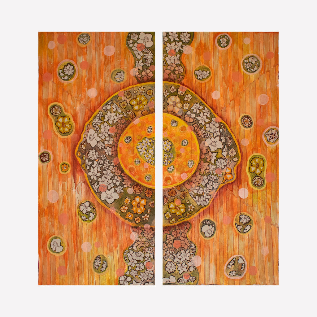The artwork "OW 5" by Laurie Shapiro in gallery position 1 presents a vibrant diptych featuring concentric circular forms surrounded by clusters of organic, cellular shapes in warm orange and brown tones. The textured layering and dynamic patterns evoke the spiritual abstraction of Hilma af Klint and the intricate biomorphic compositions of Joan Miró.