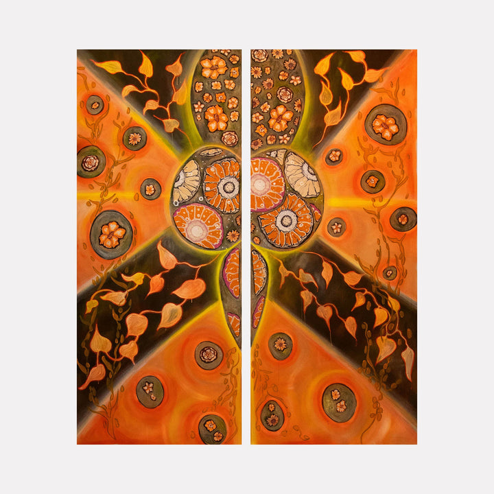 The artwork "OW 7" by Laurie Shapiro in gallery position 1 displays a vibrant diptych centered on organic, segmented forms resembling seed pods or floral structures in warm brown and glowing orange hues. The composition’s intricate layering and flowing botanical motifs recall the mystical abstraction of Hilma af Klint and the sensual botanical studies of Georgia O’Keeffe.