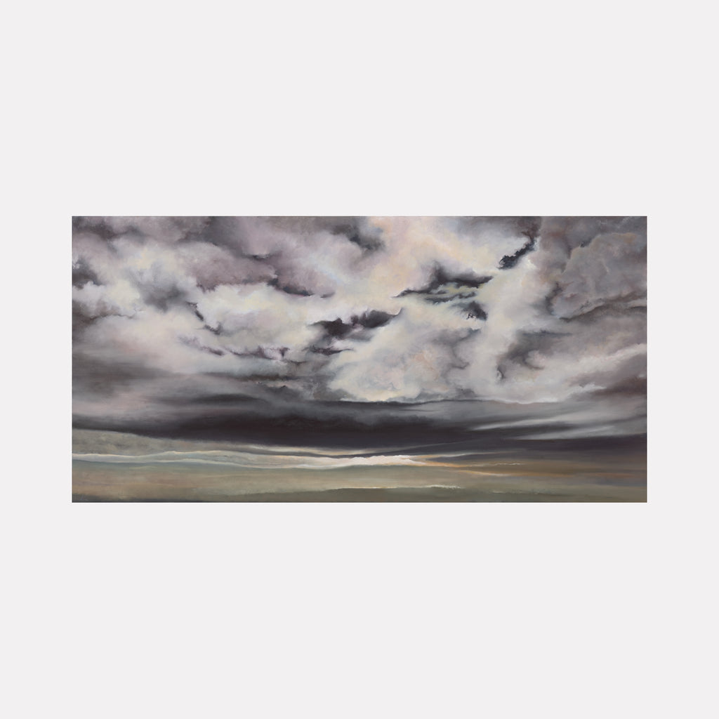 Obscured Junctions by Nadia Parsons depicts a moody sky filled with swirling gray and lavender clouds above a muted horizon, blending soft gradients and subtle textures to evoke a contemplative atmosphere in this atmospheric art piece.