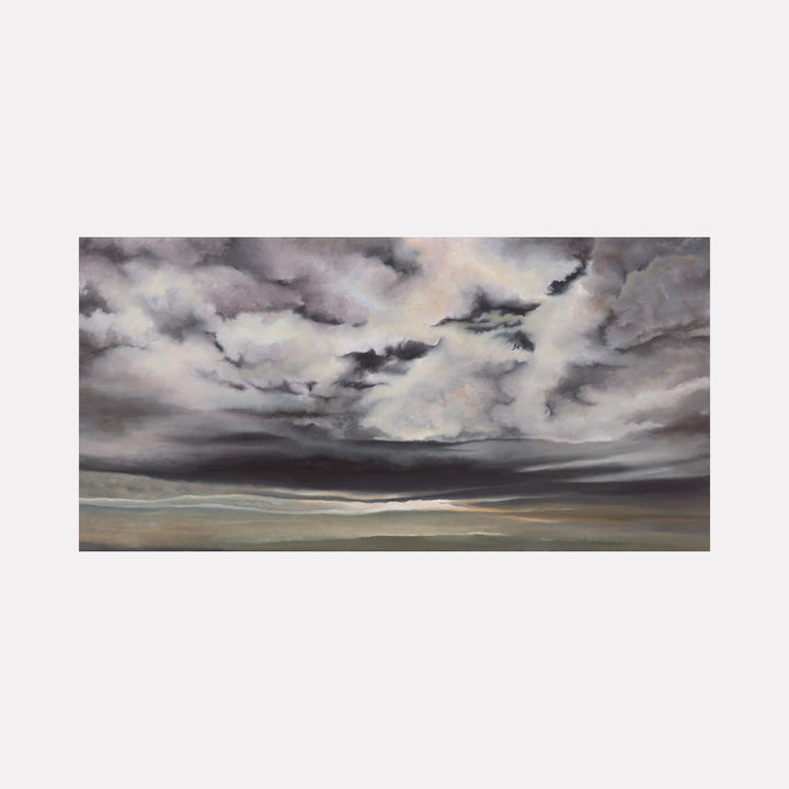Obscured Junctions by Nadia Parsons depicts a moody sky filled with swirling gray and lavender clouds above a muted horizon, blending soft gradients and subtle textures to evoke a contemplative atmosphere in this atmospheric art piece.