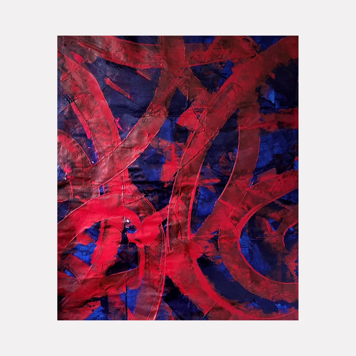 The artwork "Obsession 14" by Albion Vu showcases bold, sweeping red brushstrokes layered over a textured deep blue and black background. The abstract composition evokes the dynamic style of Franz Kline and the expressive energy of Cy Twombly, blending vivid color contrasts and rough textures in a captivating modern piece.