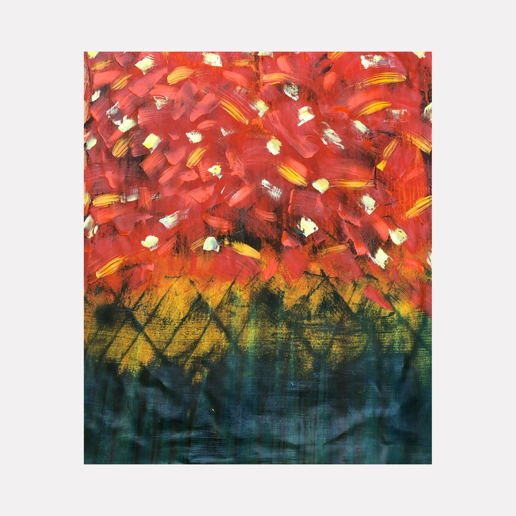 The artwork "Obsession 3" by Albion Vu features an abstract composition with bold layers of red and orange brushstrokes filling the upper half, accented by small dabs of white and yellow. The lower section contrasts with deep green and black shades, overlaid by a diamond pattern in muted yellow, evoking styles reminiscent of Mark Rothko's color fields and the expressive brushwork of Willem de Kooning.