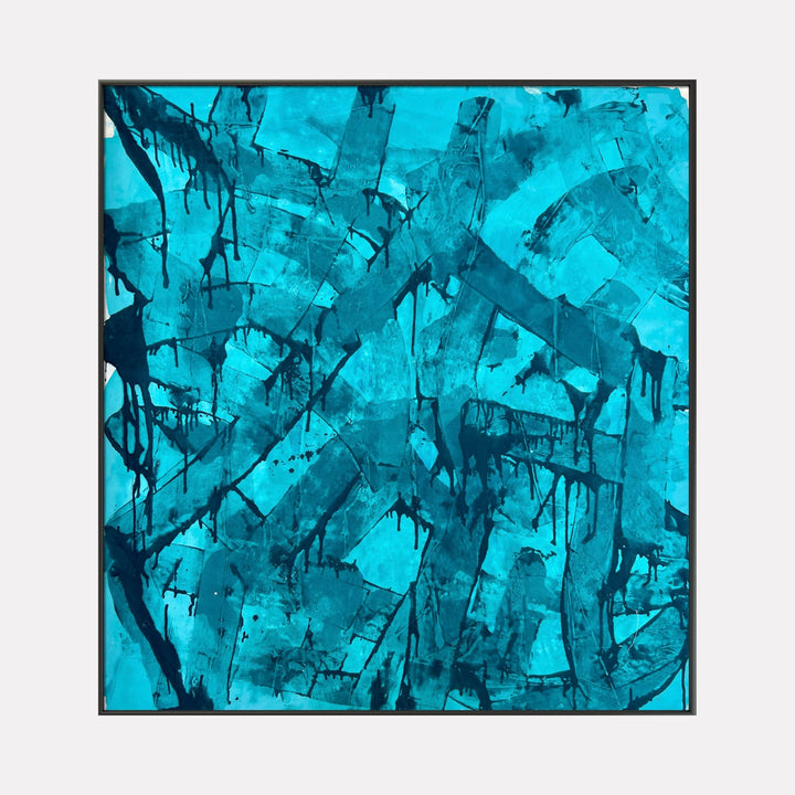 The artwork "Obsession" by Albion Vu features a dynamic interplay of bold, intersecting brushstrokes in deep teal and turquoise hues, with expressive drips and splatters reminiscent of abstract expressionism and the styles of artists like Franz Kline and Jackson Pollock. The textured, layered composition evokes a sense of movement and intensity.