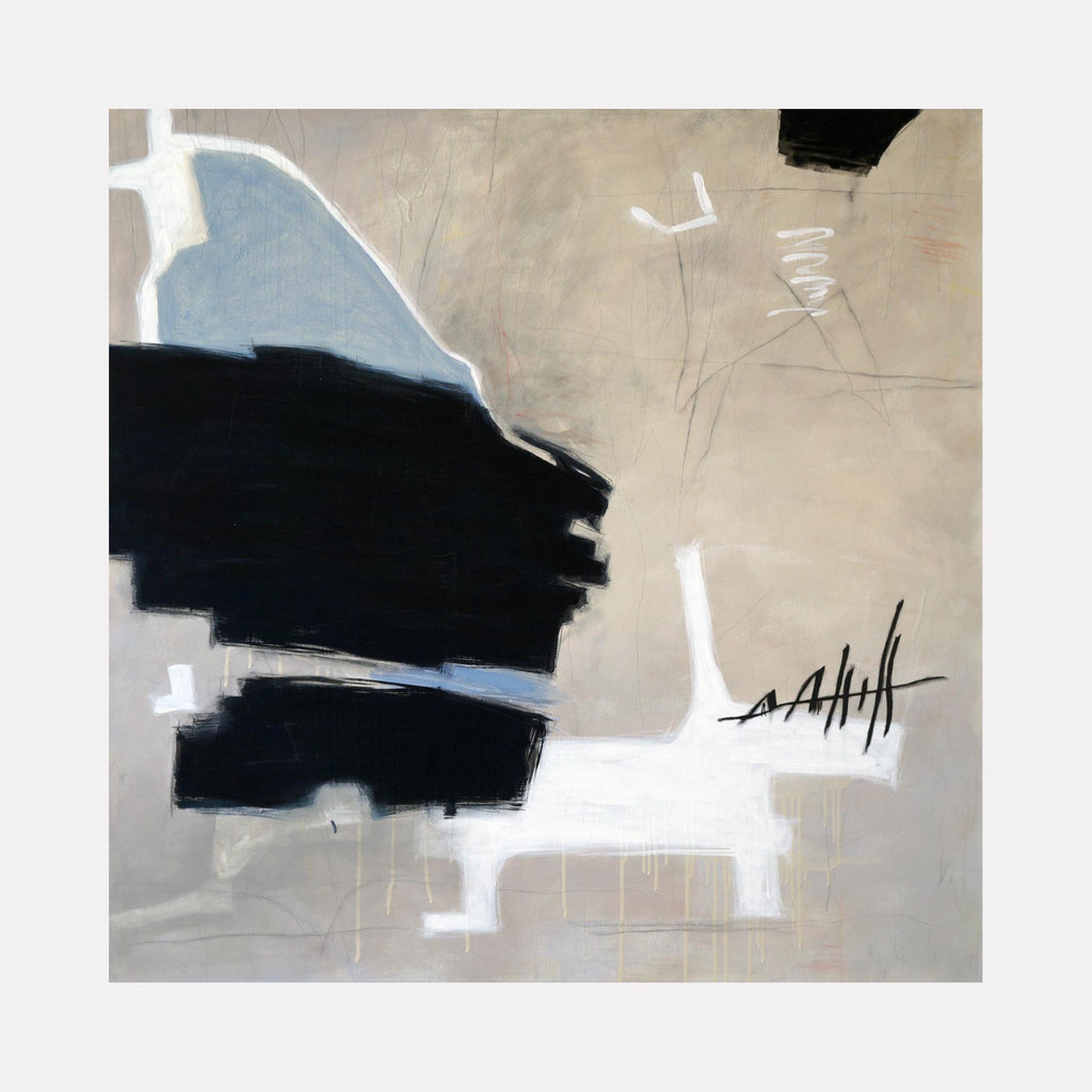Occhi by Victoria Primicias showcases an abstract composition with bold black and soft blue shapes contrasted against white geometric forms on a muted beige background. Subtle linear marks and textured layering create a contemplative and balanced atmosphere blending modern abstraction with an organic flow.