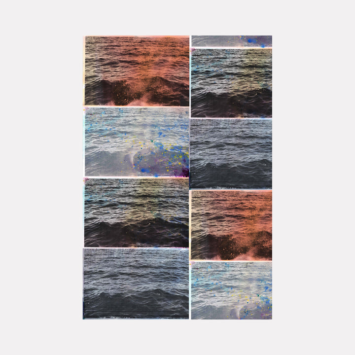 The artwork Ocean Stacked by Francisco Donoso features a grid of nine rectangular panels portraying ocean waves with varied color palettes, including deep blues, warm oranges, and subtle purples, evoking the fluidity and motion of water. The textured layering and abstract color overlays recall the contemporary techniques of Gerhard Richter’s seascapes combined with Mark Rothko’s color field sensibilities.