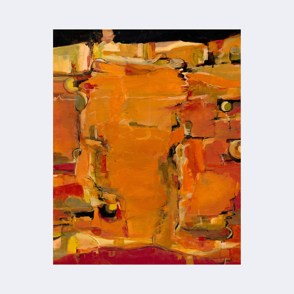 The artwork "Ode to Diebenkorn" by Carla Forrest features a rich composition of warm orange, red, and yellow hues with abstract shapes and textured layers. The style evokes the abstract expressionism and color field painting reminiscent of Richard Diebenkorn, blending bold brushstrokes with geometric forms and organic contours.