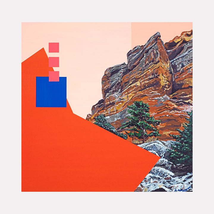 The artwork "Ok, We'll See You There" features a striking combination of geometric shapes and natural elements, with bold red and blue blocks contrasting against detailed, textured brown and orange rocky cliffs and green trees, set on a soft pink background, blending abstract and realistic styles. By Adam Anglin.
