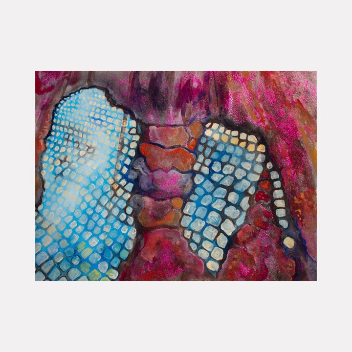 The artwork "Old vs New" by Laurie Shapiro features abstract shapes resembling reptile scales or mosaic tiles in shades of blue and white against a textured background of deep reds, purples, and browns, creating a contrast between organic and structured forms with a vibrant, painterly style.