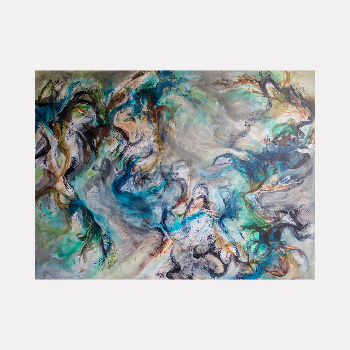 Olive & Bark by Betsy Becher features an abstract fusion of earthy greens, deep blues, and warm browns, flowing organically with dynamic, swirling brushstrokes that evoke the intertwined growth of nature with a lively yet grounded energy in a contemporary artistic style.