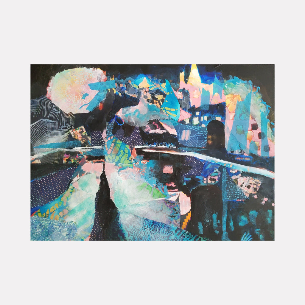 The artwork "On The Outskirts of Town" by James Ehling features an abstract nighttime cityscape with layered textures and vibrant blues, pinks, and blacks. It includes geometric shapes, illuminated architectural forms, and fluid brushstrokes creating depth and movement in a modern style. James Ehling.