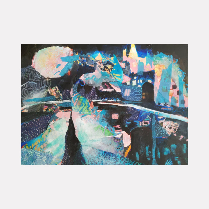 The artwork "On The Outskirts of Town" by James Ehling features an abstract nighttime cityscape with layered textures and vibrant blues, pinks, and blacks. It includes geometric shapes, illuminated architectural forms, and fluid brushstrokes creating depth and movement in a modern style. James Ehling.