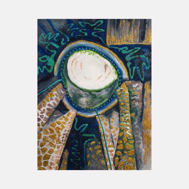 The artwork "One Way Out" features an abstract composition with a central circular white shape surrounded by textured layers in green, blue, gold, and brown tones, evoking organic and geological forms. The background incorporates shimmering gold accents and dark blue shades with intricate green patterns. By Laurie Shapiro.