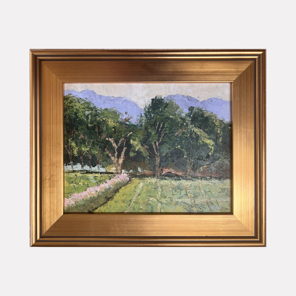 The artwork "Open Space Fields" by Connie Falk features a serene rural landscape with lush green trees and fields stretching into the distance, bordered by a soft pink flower line. The painting has textured brushstrokes reminiscent of Impressionists like Claude Monet, with a calming palette of greens, blues, and earth tones capturing natural light and tranquility.
