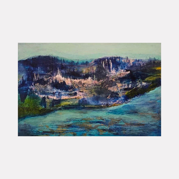 The artwork Opposite Shore by Janyce Erlich-Moss features an abstract landscape with rich blues, greens, and purples blending into textured, layered brushstrokes reminiscent of impressionist artists like Claude Monet and abstract expressionists such as Helen Frankenthaler. The composition evokes a dreamy, atmospheric shoreline scene with a painterly, fluid style.