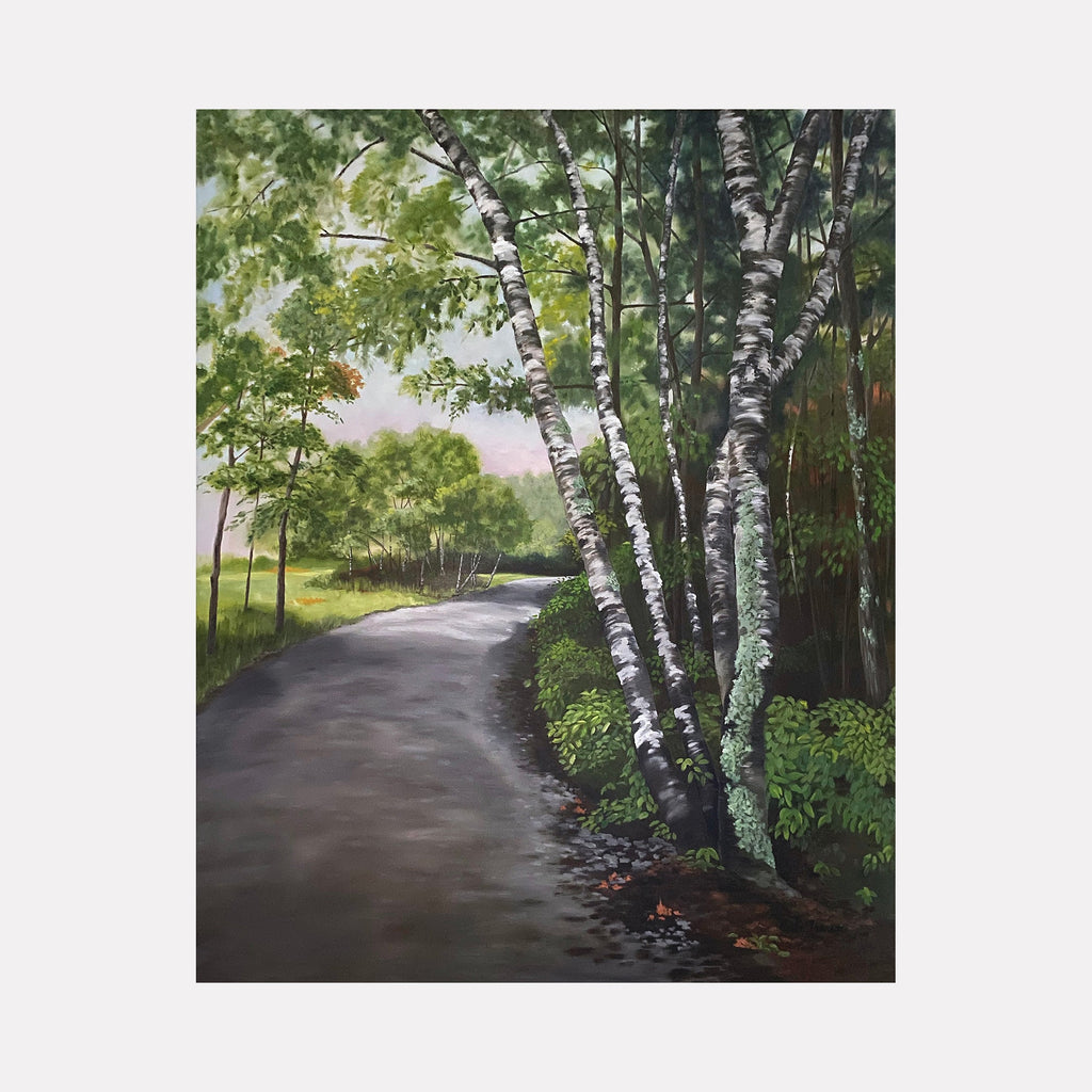 The artwork "Out of the Shade" by Carla Thomson depicts a serene winding path through a lush forest with prominent white-barked birch trees leaning elegantly to the right. The painting features detailed textures in the foliage, soft natural lighting, and a realistic style reminiscent of the tranquility found in works by artists like Andrew Wyeth and Albert Bierstadt.