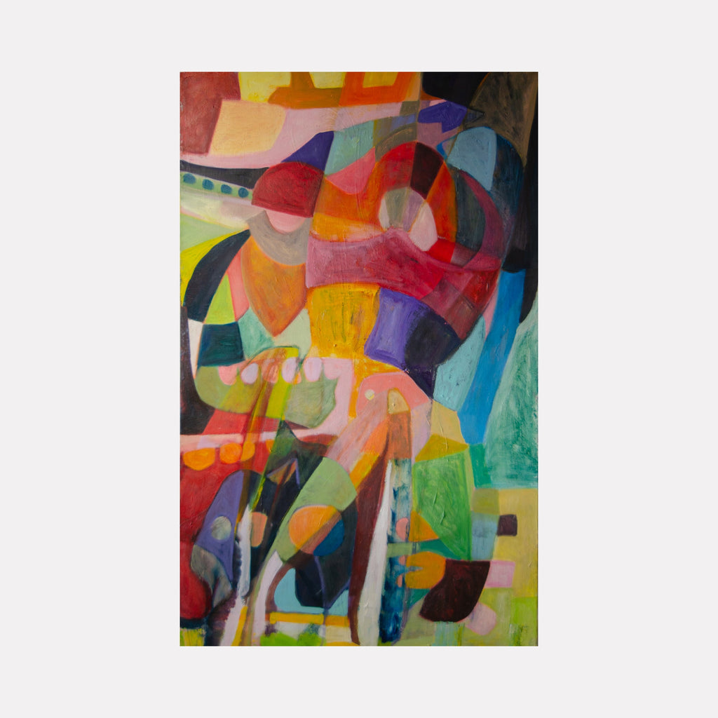 The artwork "Overjoyed" features an abstract composition with overlapping geometric shapes and vibrant colors including reds, blues, greens, yellows, and oranges. The textured painting uses fluid brushstrokes and layering to create dynamic movement and depth. By Jennifer Levine.