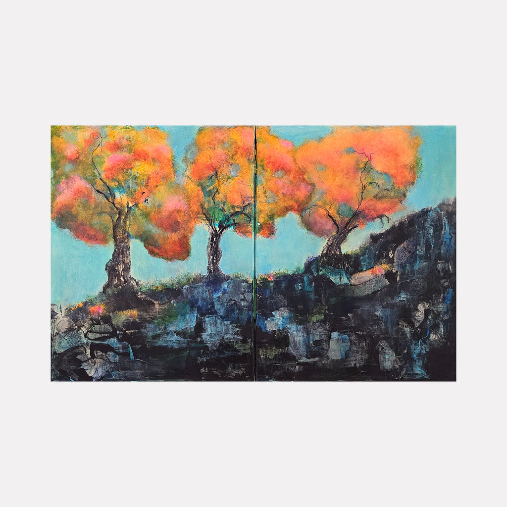 Overstory by Janyce Erlich-Moss is a Curina art piece showcasing three vibrant orange and pink trees set against a bright blue sky, with textured dark rocky ground conveying an impressionistic and lively natural scene filled with warmth and depth.