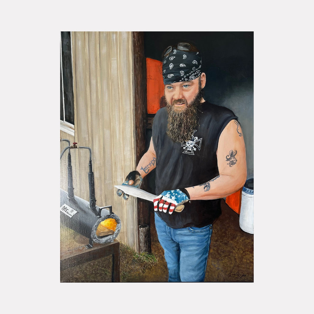 Modern Blacksmith acrylic painting showing workshop scene with traditional forge and tools in rustic setting by Lynnette Horn