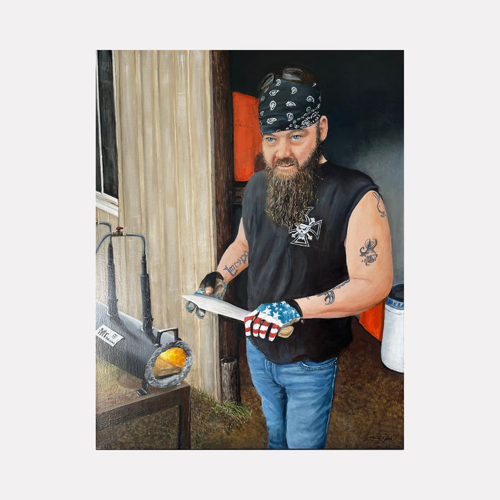 Modern Blacksmith acrylic painting showing workshop scene with traditional forge and tools in rustic setting by Lynnette Horn