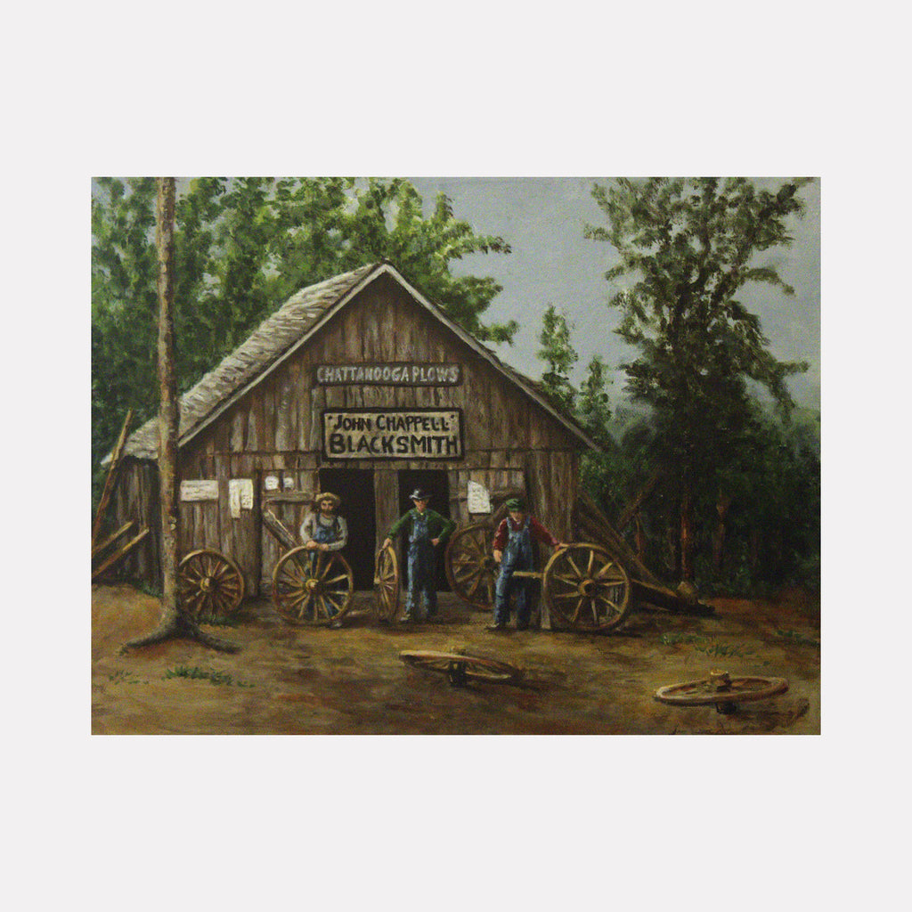 Historic Blacksmiths by Lynnette Horn depicts rustic wooden blacksmith shop with vintage wagon wheels, rural setting, earth tones in acrylic