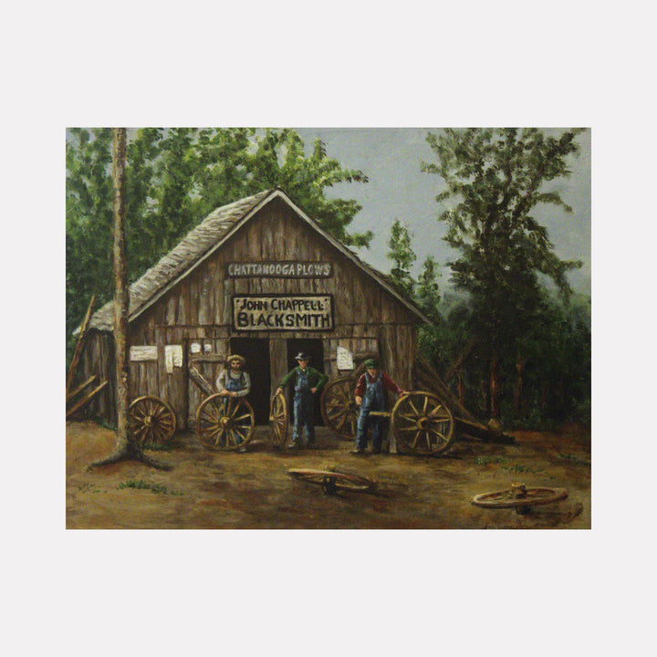 Historic Blacksmiths by Lynnette Horn depicts rustic wooden blacksmith shop with vintage wagon wheels, rural setting, earth tones in acrylic