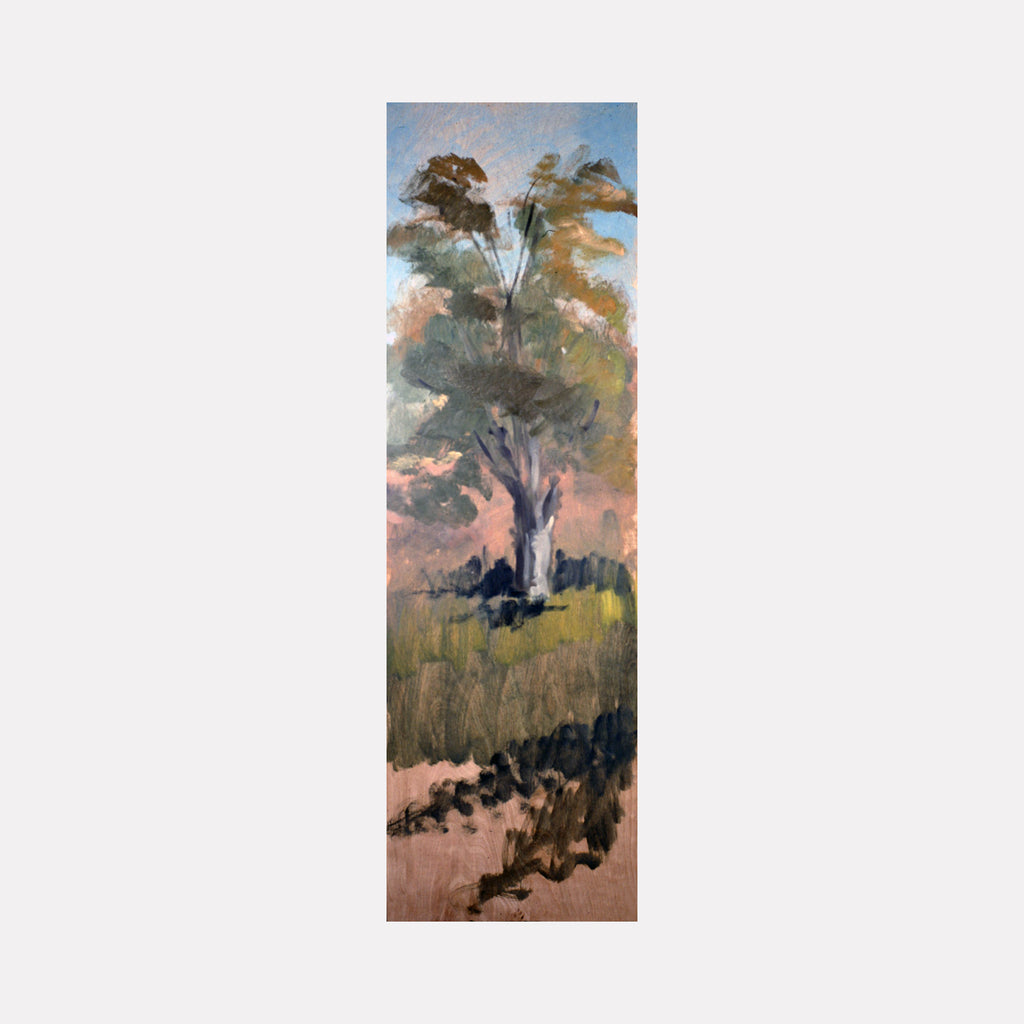 PALE FIRE by Diane Love depicts a solitary tree standing in a softly layered landscape with muted blues, greens, and warm earth tones. The vertical composition blends gentle brushstrokes and abstract forms to evoke a quiet moment of natural light filtering through foliage in a serene, reflective scene.