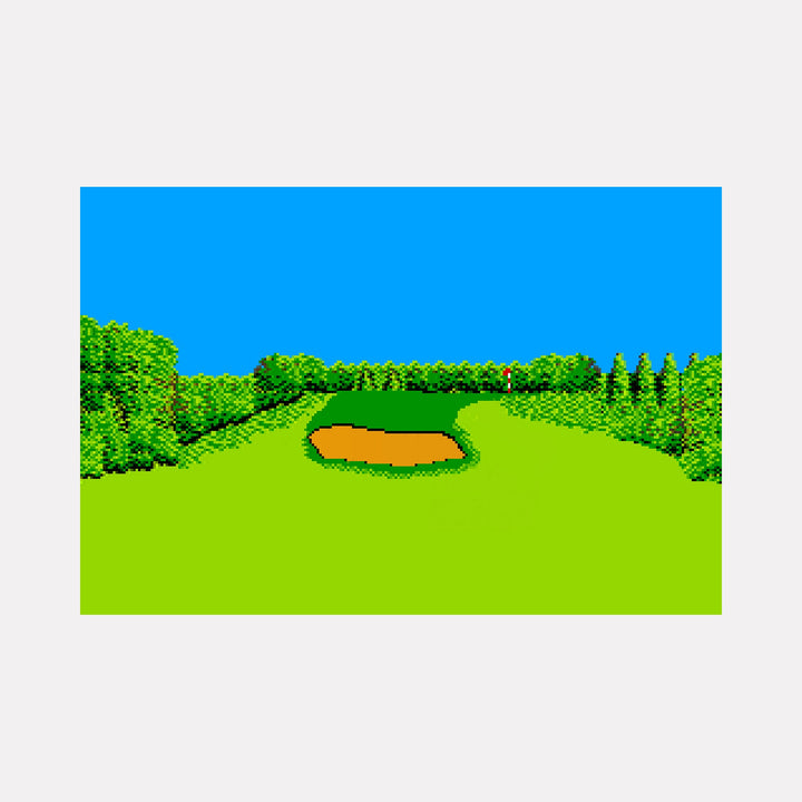 The artwork "PAR 4" by Harold Herb depicts a stylized, pixelated golf course landscape with vivid greens, detailed foliage, and a bright blue sky. The composition uses bold, flat color areas reminiscent of early digital art and video game aesthetics, evoking minimalism and the graphic clarity found in works by artists like David Hockney and early computer-generated imagery pioneers.