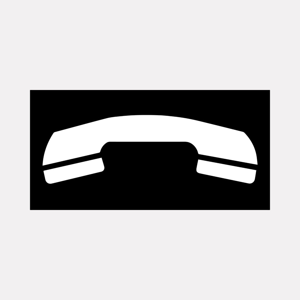 The artwork "PHONE" by Harold Herb features a high-contrast black and white minimalist design depicting a stylized vintage telephone handset. The shape is rendered with clean, bold contours against a stark black background, evoking the graphic clarity and simplified forms seen in the works of Ellsworth Kelly and mid-century modern iconography.