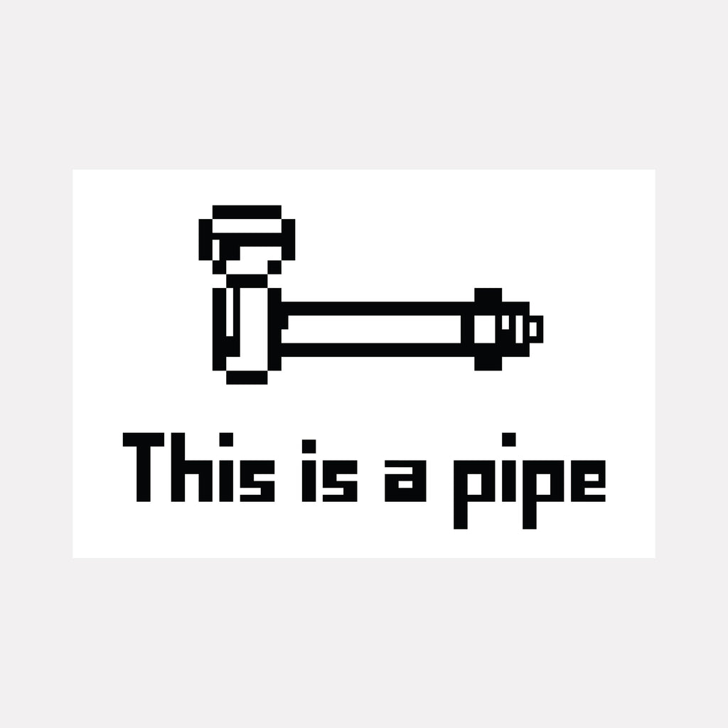 The artwork "PIPE" by Harold Herb features a minimalist black pixelated pipe icon set against a white background, accompanied by bold, blocky text stating "This is a pipe." This digital-inspired piece reflects the pixel art style reminiscent of early computer graphics and evokes the conceptual playfulness seen in Marcel Duchamp’s readymades.